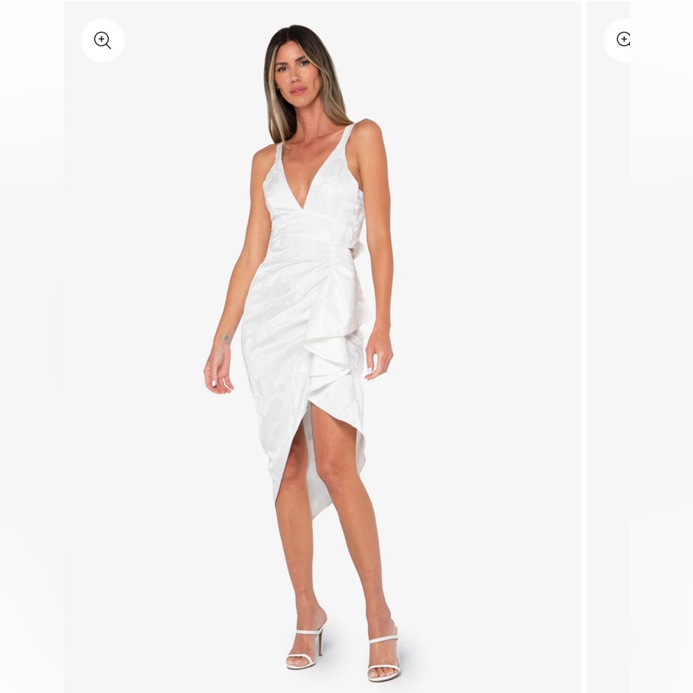 just bee queen sasha white high low asymmetric ruffle trim ruched ruffle dress